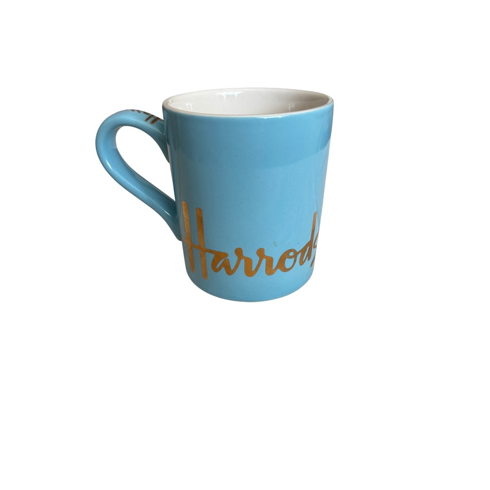 Harrods London Coffee Mug Light Blue Gold Script Logo‎ Ceramic Cup